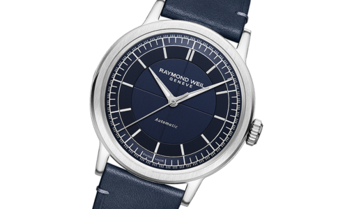 A close-up of a sleek and minimalist Raymond Weil Millesime watch, available at Huntington Fine Jewelers.