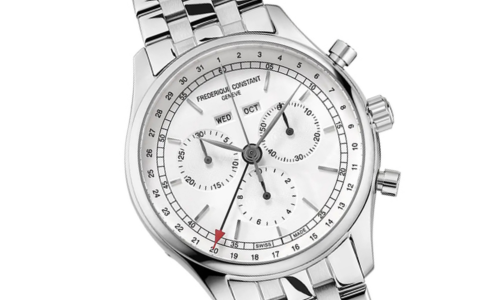 A close-up of a stainless steel Frederique Constant Classic watch with multiple complications, available at Huntington Fine Jewelers.