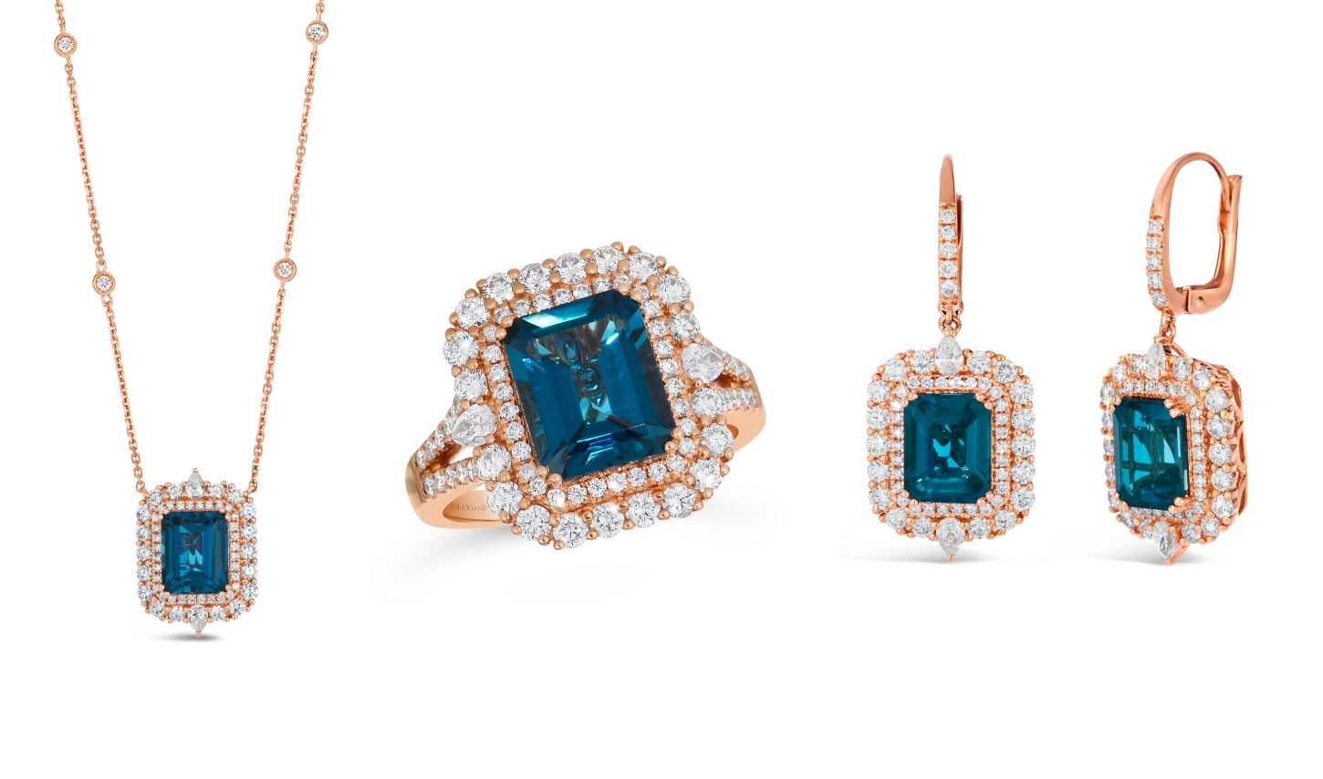 Strawberry gold necklace, ring, and drop earrings with double diamond halos, and emerald cut blue gemstone by Le Vian