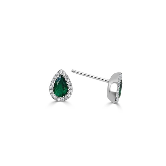 Elegant teardrop earrings with vibrant green stones, encircled by small sparkling diamonds.