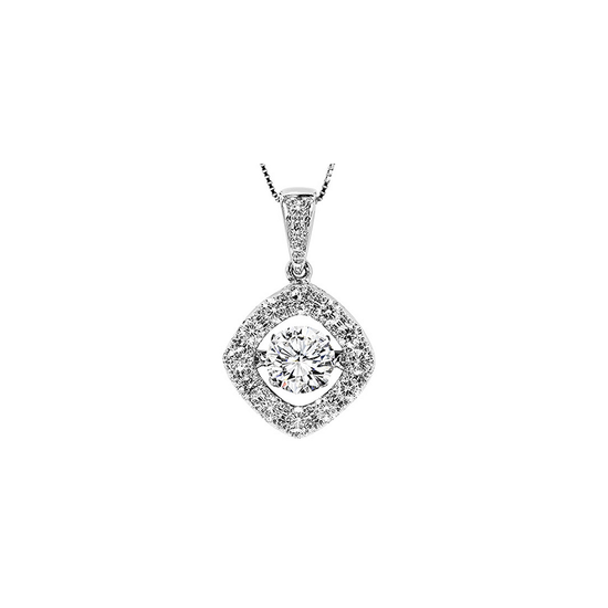 Elegant pendant necklace featuring a round center diamond surrounded by smaller diamonds in a square halo setting.
