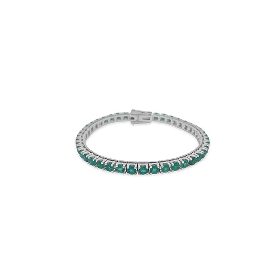 Elegant white gold bracelet adorned with a series of green gemstones encircling the band.
