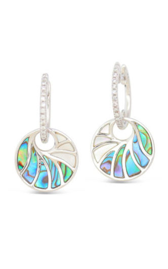 A round drop earrings in white gold with diamonds and natural shell against a white background