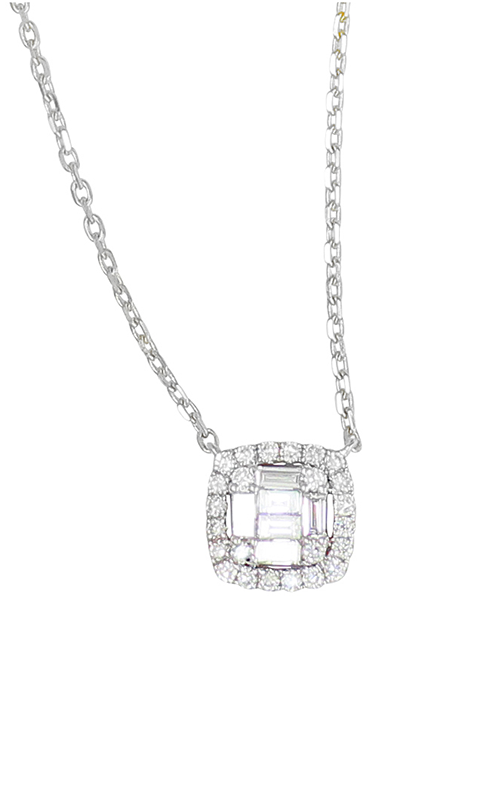 A white gold halo diamond pendant necklace against a white background