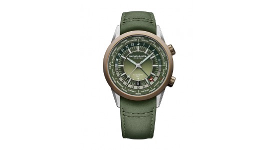 a green watch with a brown bezel