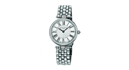 A silver-toned dress watch by Frederique Constant, available at Huntington Fine Jewelers.