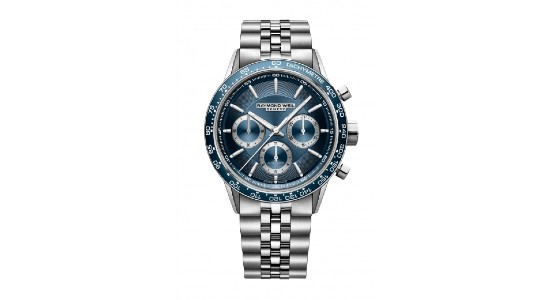 A stainless steel Raymond Weil watch with a blue dial, available at Huntington Fine Jewelers.
