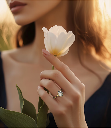 Woman wearing Perfect Love bridal jewelry holding a white flower