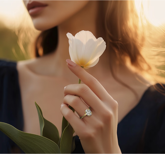 Woman wearing Perfect Love bridal jewelry holding a white flower