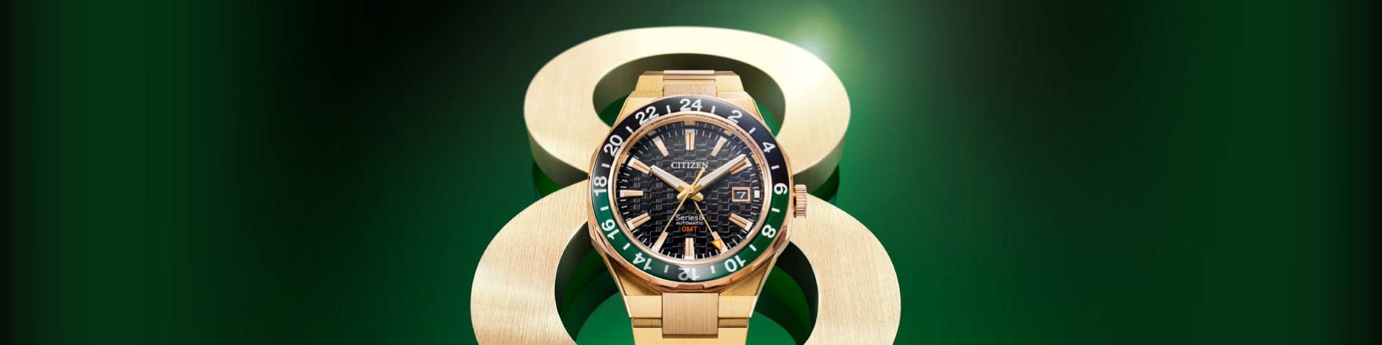 Citizen Series 8 featuring a Series 8 watch in front of a golden number eight